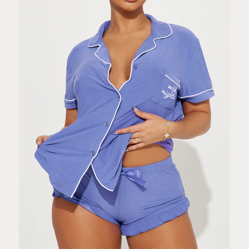 Women's Satin Trim Pajama Set | Button-Down Shirt & Ruffle Shorts | 3 Colors | Loungewear