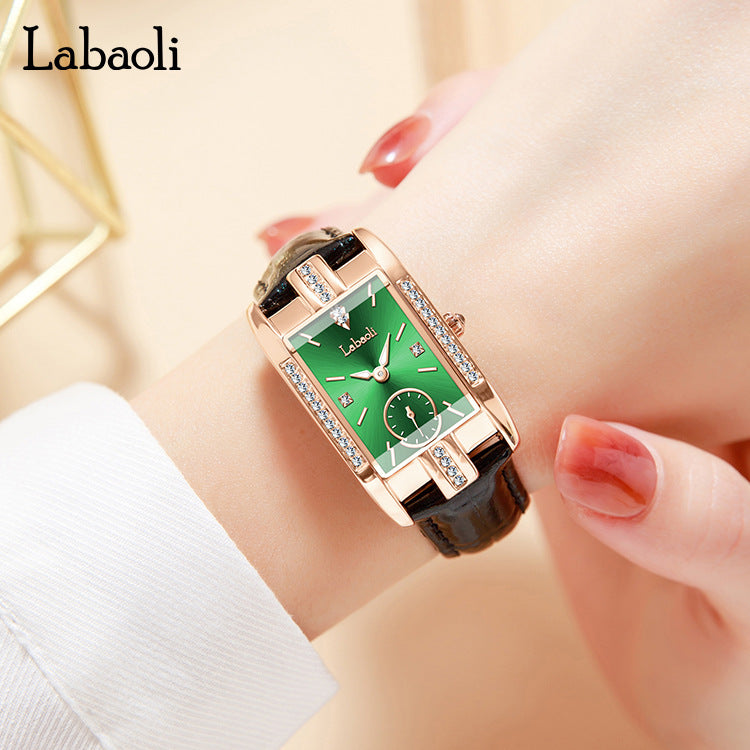 Labaoli Women's Rose Gold Rectangle Watch | Red Dial Crystal Lug Sub-Seconds Patent Leather Luxury Quartz Watch