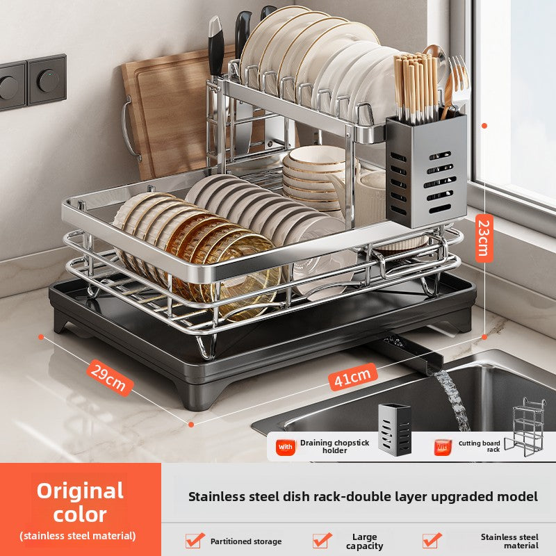 2-Tier Dish Drying Rack with Drainage | Large Capacity Kitchen Organizer with Cutting Board, Knife & Chopstick Holder | Countertop Dish Drainer