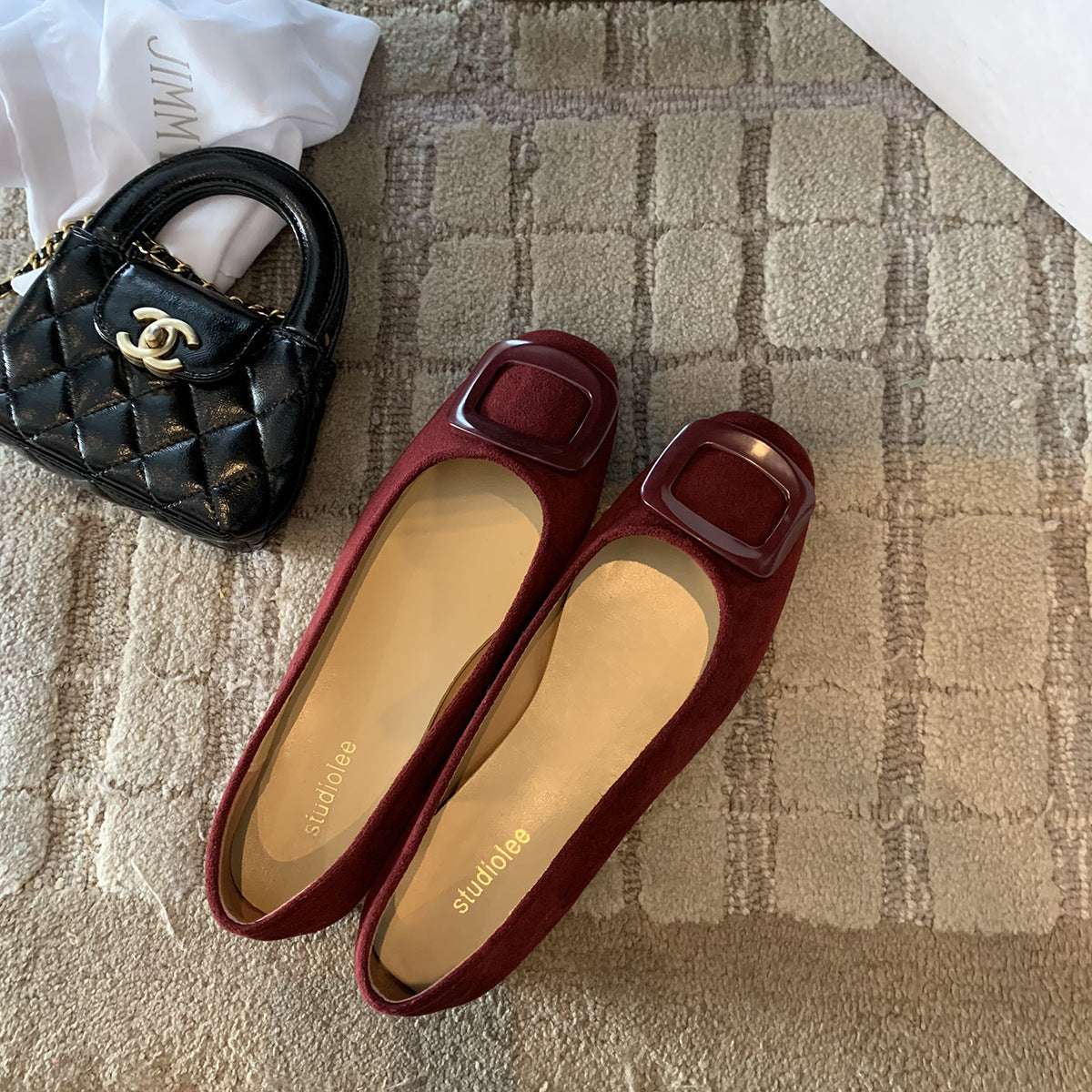 Ballerine scamosciate a punta quadrata con fibbia quadrata | Ballerine slip-on da donna