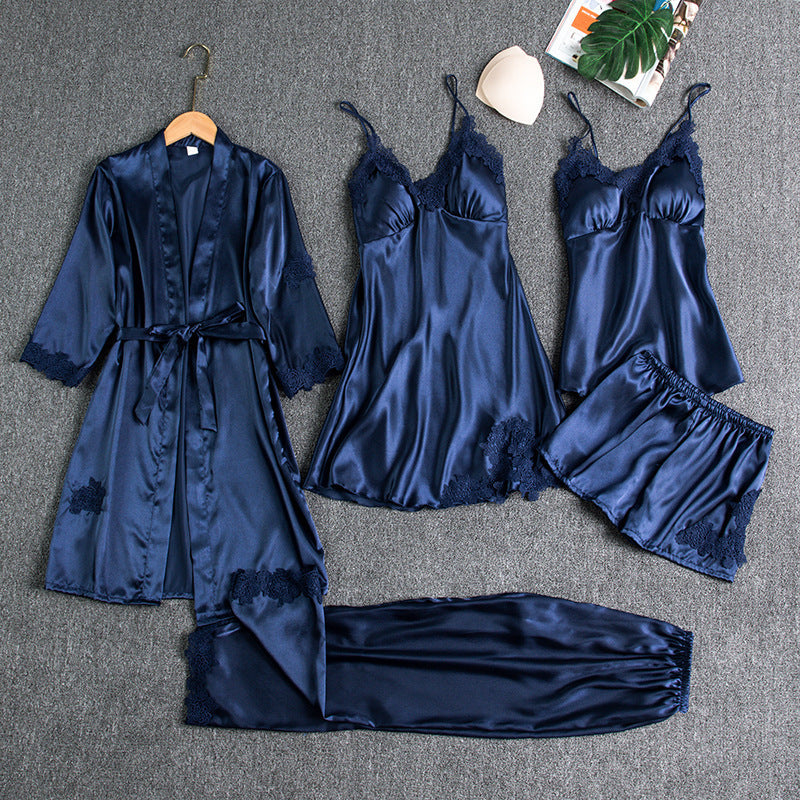 Black Satin Lace Pajama Set | 5-Piece Silk Sleepwear for Women