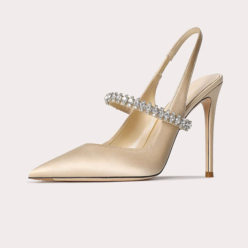 Silver Satin Rhinestone Strap Slingback Stiletto Heels for Women | Crystal Embellished Pointed Toe High Heel Pumps | Luxury Bridal Wedding Evening Heels | Designer Inspired Jewel Strap Heels