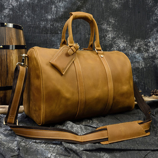 Tan Crazy Horse Leather Duffle Bag | Large Vintage Weekender Travel Bag with Luggage Tag