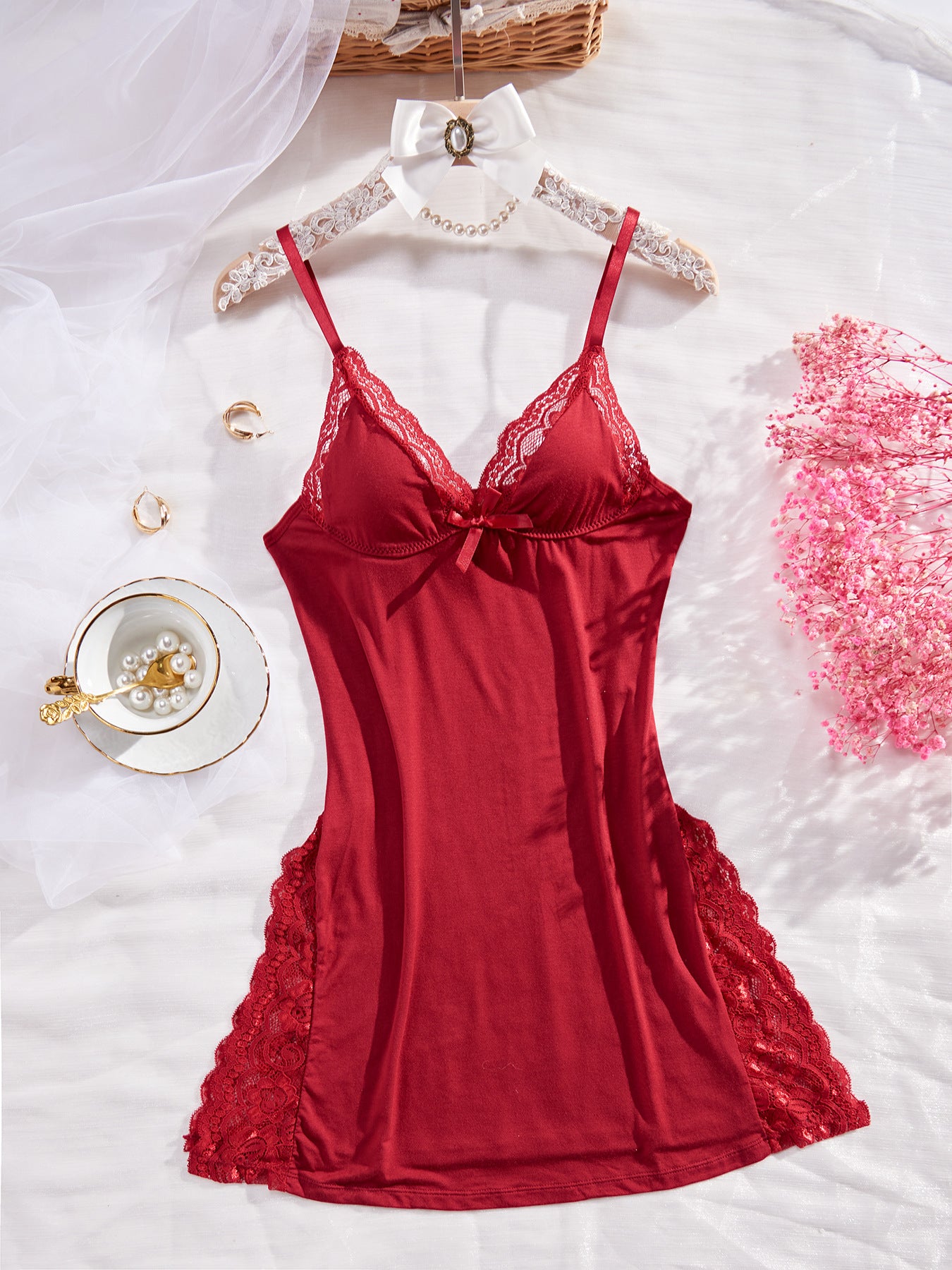Pink Lace Trim Babydoll Slip Dress | Bow Detail Push Up Nightgown | Cute Sexy Sleepwear Lingerie