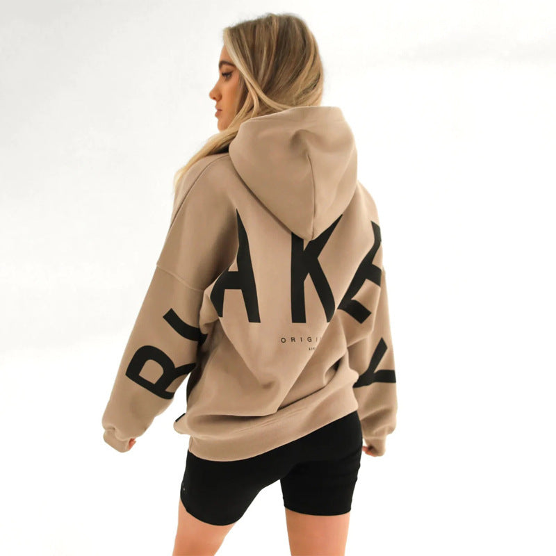 Blakey Originals Oversized Hoodie | Camel Tan Letter Print Pullover | Women's Streetwear Fleece Sweatshirt | Casual Aesthetic Fashion