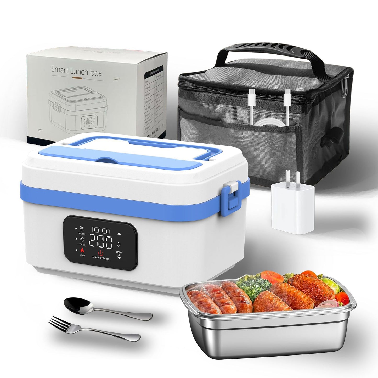 Electric Lunch Box Food Heater with LCD Display Timer & Carry Bag - Portable Self Heating Bento Box Stainless Steel Container for Work