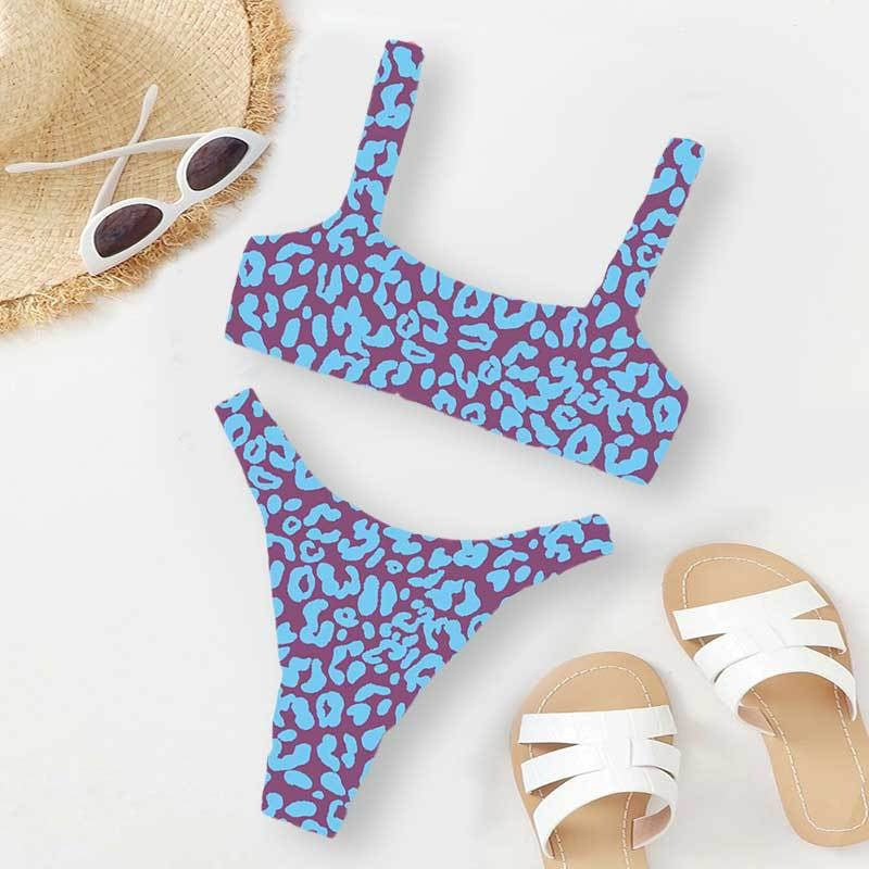 Colorful Leopard Print Bikini Set, Square Neck Crop Top & High Cut Bottom, Women Two Piece Swimwear, Multi Color Animal Print Swimsuit, Beach Vacation Bathing Suit