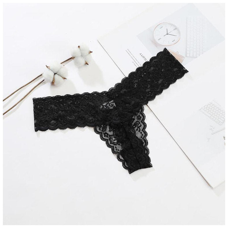 Schwarzer voller Spitzen-Tanga für Frauen, sexy Unterwäsche mit gewelltem Bund, V-Schnitt, freche Höschen, floraler Spitze