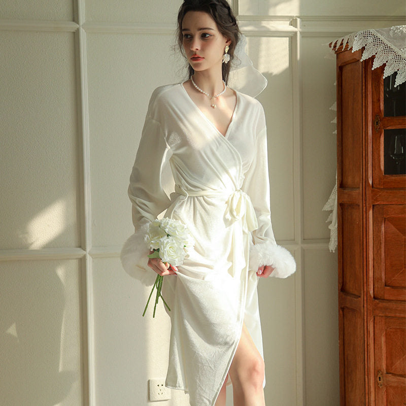 Burgundy Velvet Bridal Robe with Faux Fur Cuffs | Luxury Wedding Getting Ready Robe for Women ? Belted V-Neck Loungewear