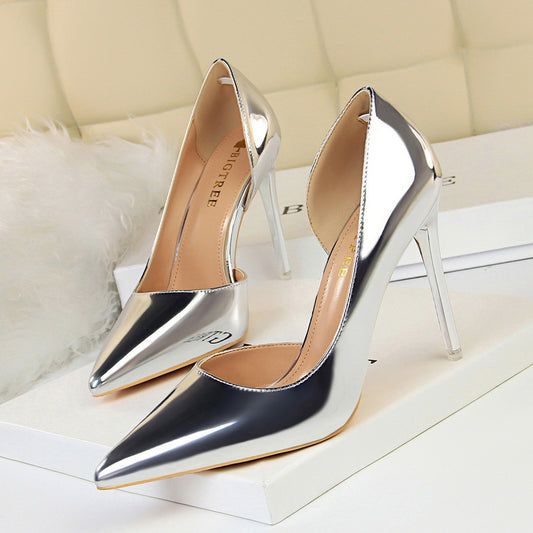 Black Patent Leather D'Orsay Stiletto Pumps Women Pointed Toe Cut Out High Heel Office Party Dress Shoes