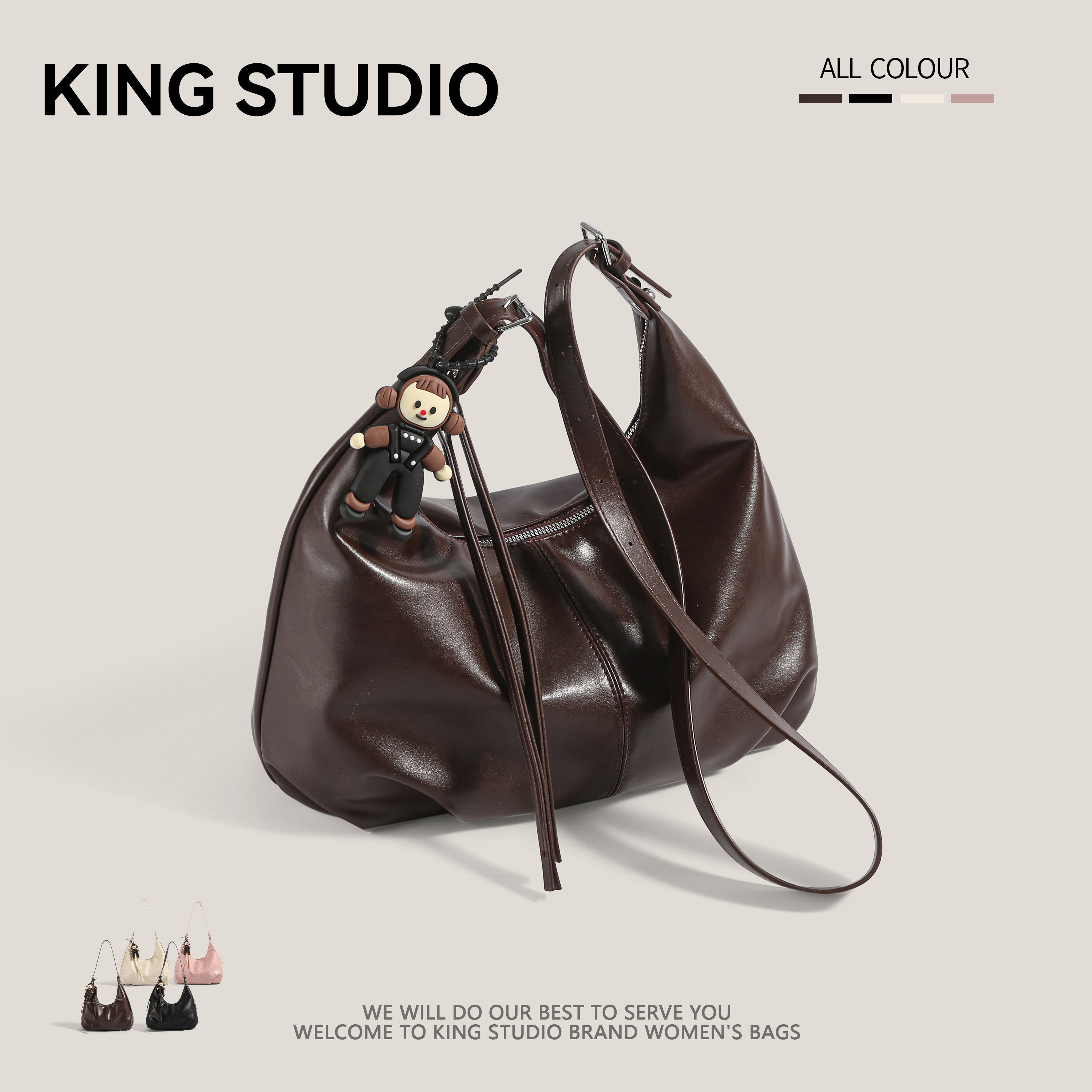 Dark Brown Leather Hobo Bag with Monkey Charm | Soft Slouchy Shoulder Bag