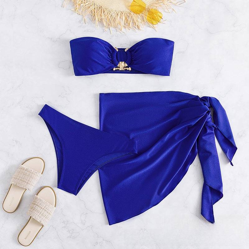 Royal Blue Gold Hardware Bandeau Three Piece Bikini Set | Strapless Top Bikini Bottom & Wrap Mini Skirt | Luxury Resort Two Piece Swimsuit Women