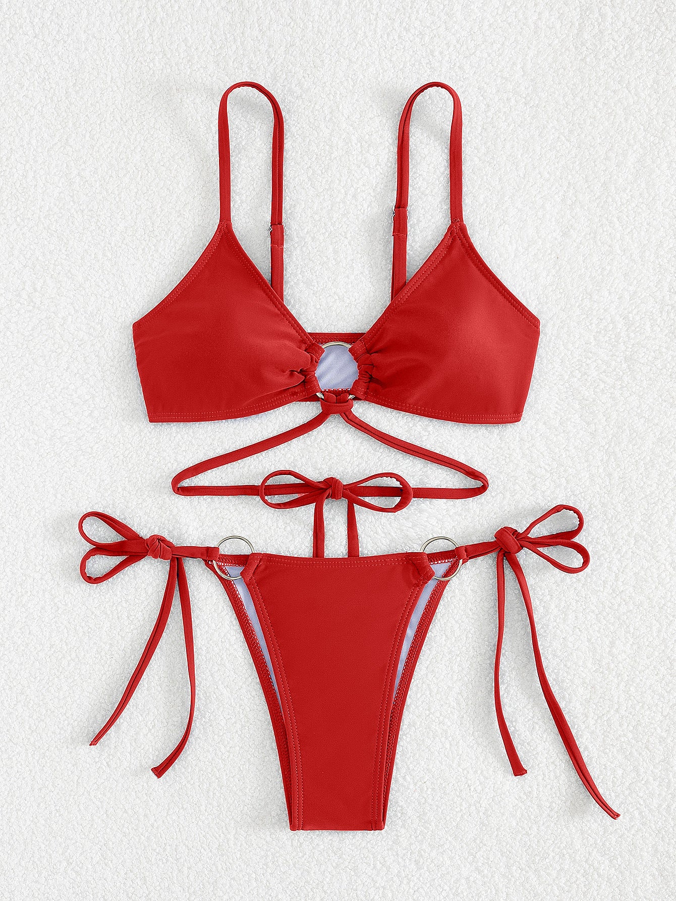 Set Bikini Con Anelli A O In Rosso Borgogna | Top Triangolo Con Anello Centrale E Slip Perizoma Con Anello Doppio E Laccetti | Costume Da Bagno Due Pezzi Sexy Con Spalline Per Donna