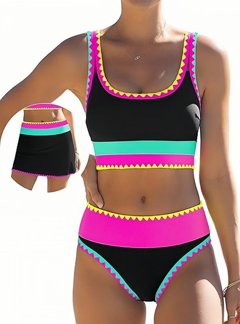 Black Neon Color Block Tankini Set with Skirt | Sporty Crop Top Swim Skirt Swimsuit | Women's Retro Athletic Swimwear