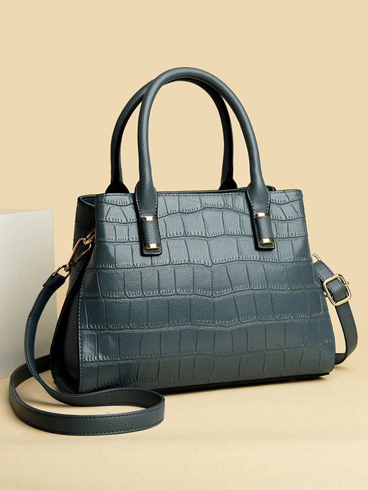 Black Crocodile Embossed Handbag with Gold Hardware | Small Structured Tote Bag