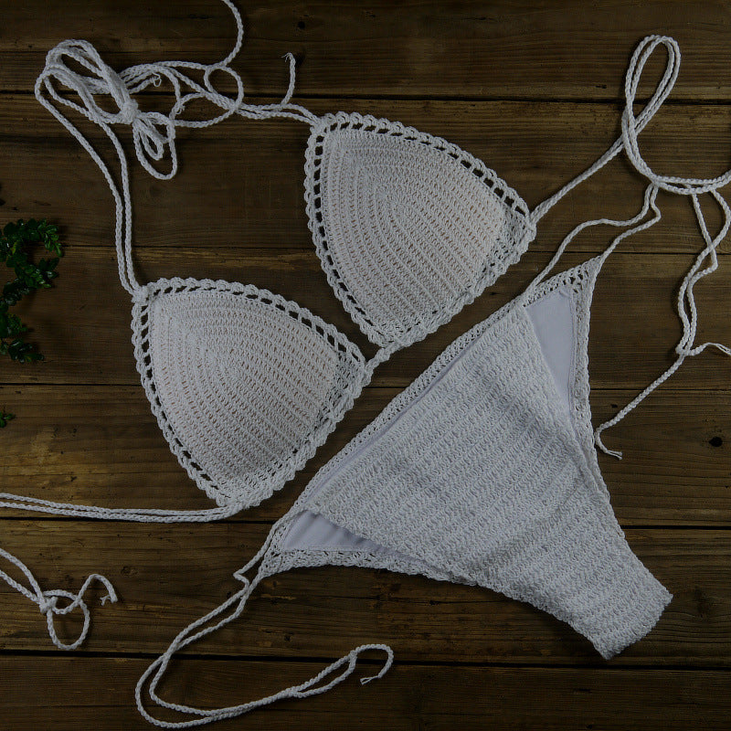 White Crochet Bikini Set | Handmade Triangle Halter Top and String Bottoms Boho Swimwear for Women