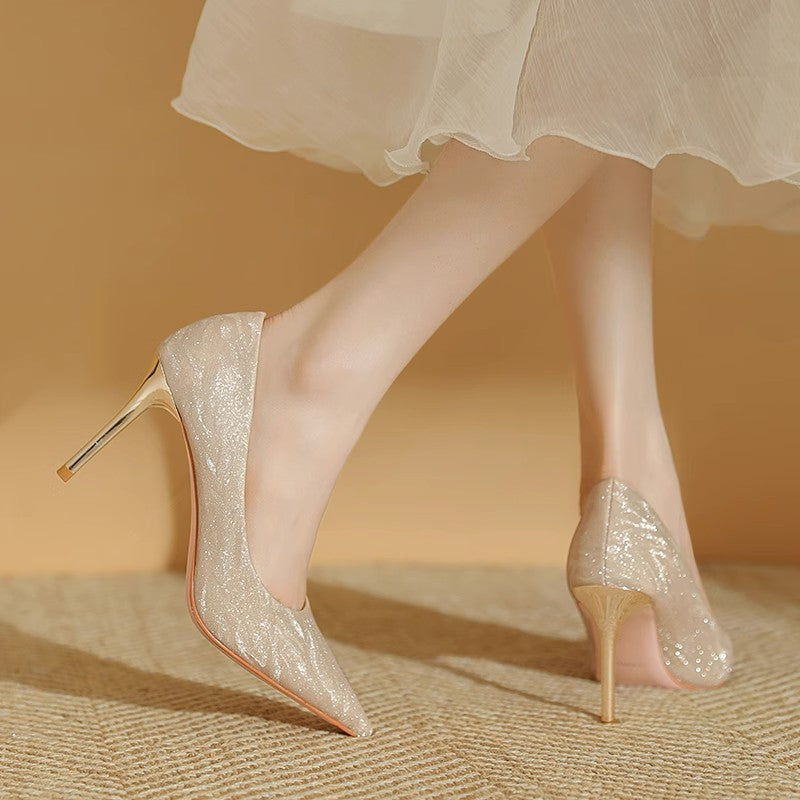Champagne Glitter Sequin Pointed Toe Stiletto Pumps | Women's Sparkle Slip-On High Heel Shoes | Luxury Bridal Party Heels