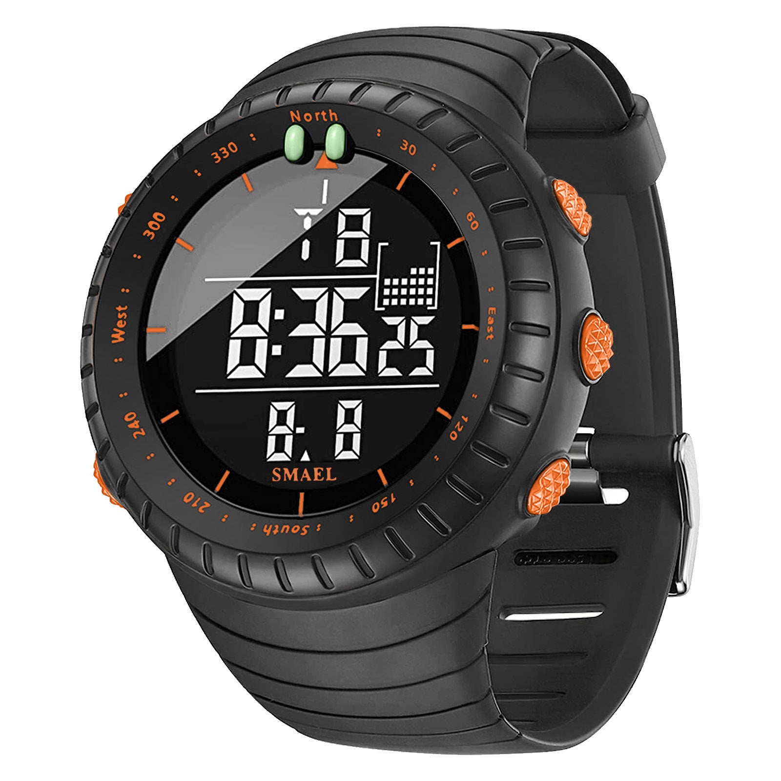 SMAEL Men's Digital Sport Watch | Compass Bezel Black Orange | Military Tactical LED Outdoor Watch with Calendar & Alarm