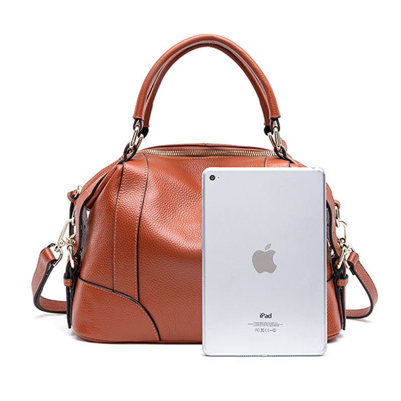 Small Brown Leather Satchel Bag - Cognac Bowling Bag with Dual Handles | Convertible Dome Handbag with Crossbody Strap