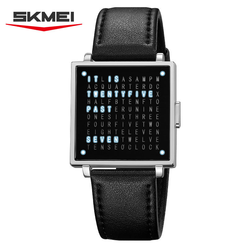SKMEI Word Clock Watch | Unique Text Display Square Dial Leather Strap | Creative Novelty Quartz Watch for Men & Women
