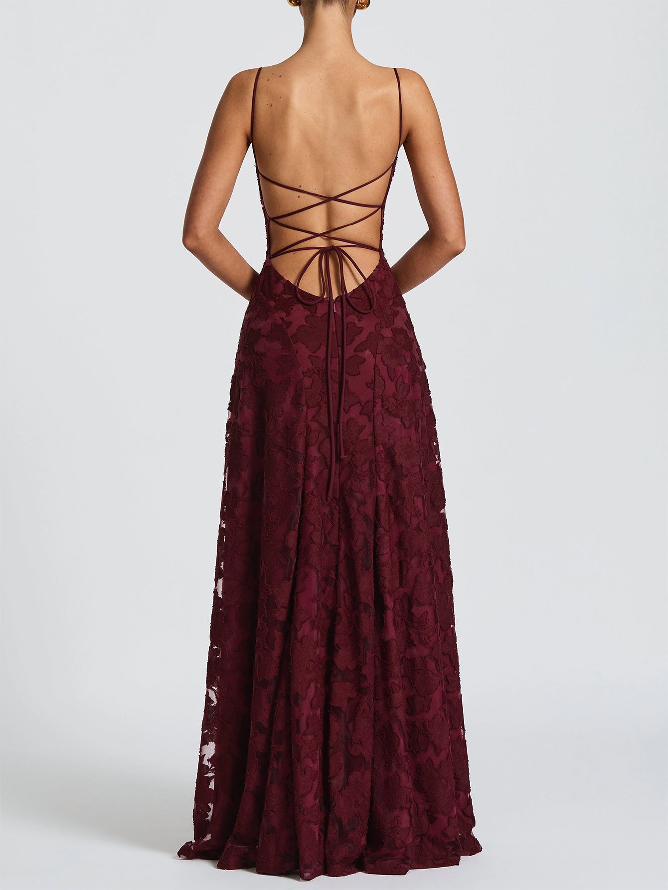 Burgundy Lace Floral Maxi Dress | Spaghetti Strap A-Line Formal Evening Gown