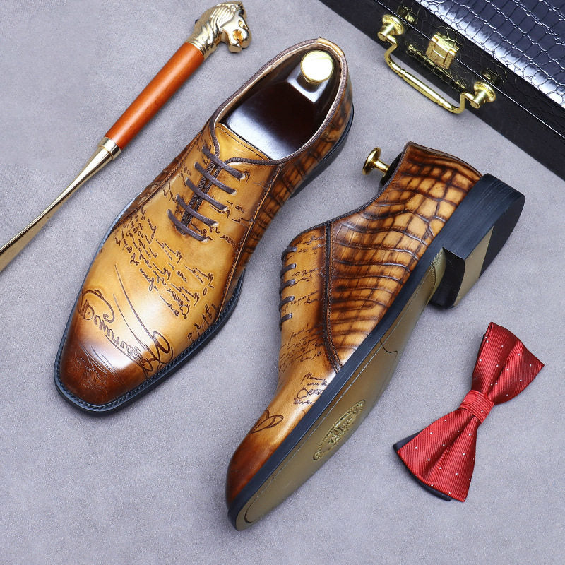 Men's Tan Hand-Painted Script Engraved Luxury Oxford Shoes