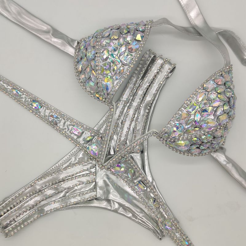 Crystal Rhinestone Bikini Set, AB Stone Competition Swimwear, Luxury Halter Bling Bikini, Women Figure Bodybuilding Suit, Royal Blue & Pink Pageant Swimsuit