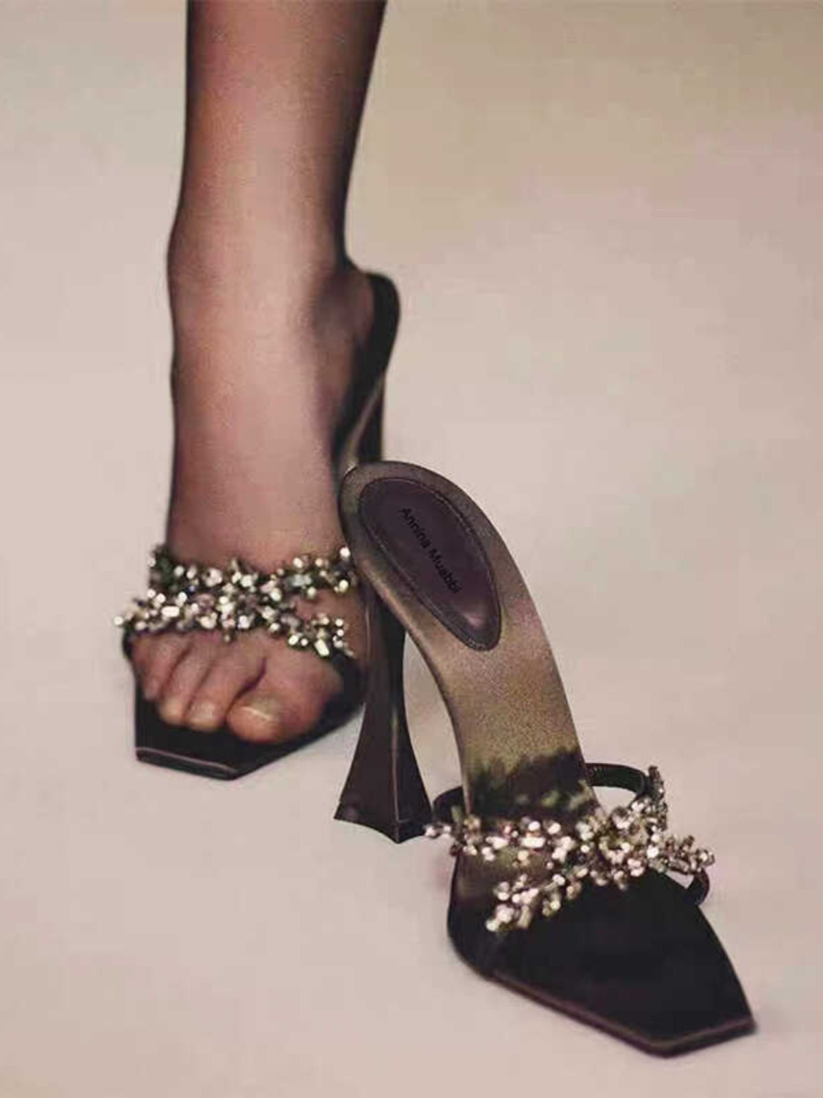 Black Satin Crystal Flower Sculptural Heel Square Toe Mule Sandals | Women's Rhinestone Embellished Slip-On High Heel Shoes