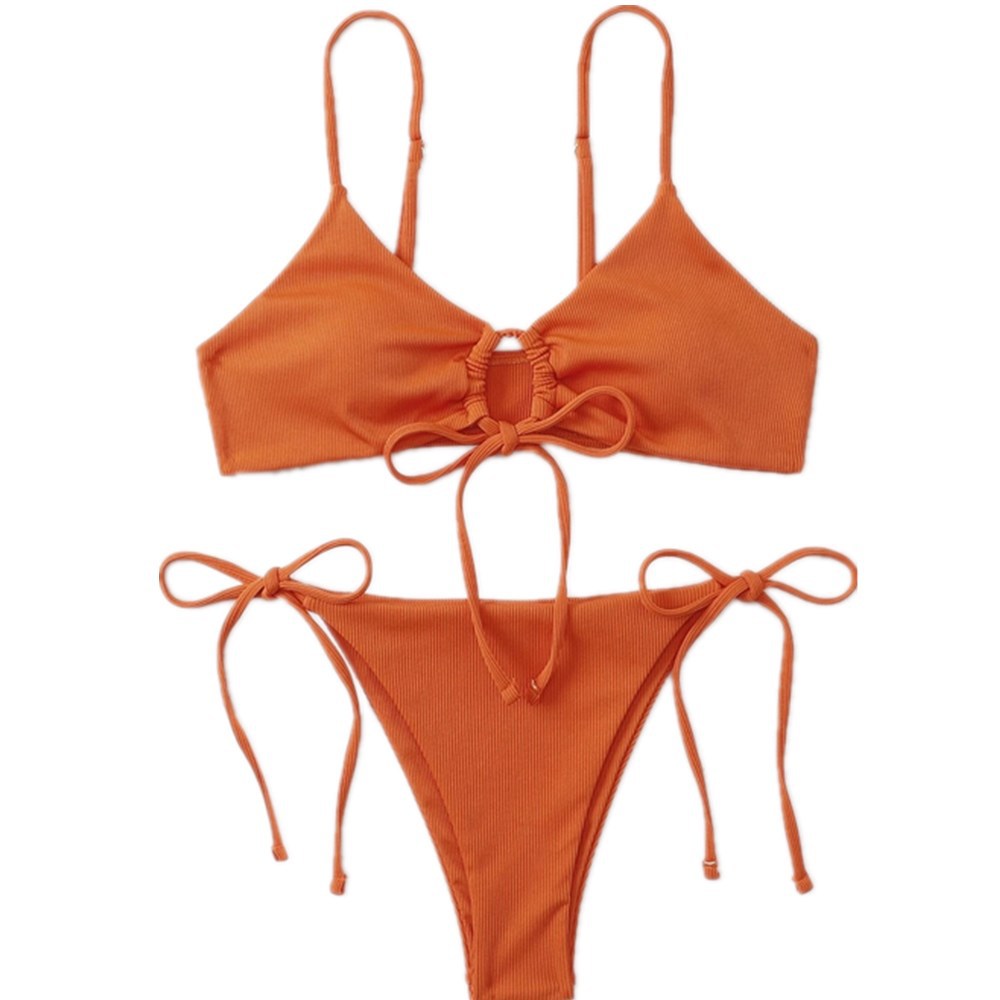 Rust Ribbed Drawstring Bikini Set, Ruched Front Tie Crop Top & String Thong Bottom, Women Terracotta Textured Swimwear, Sexy Halter Beach Swimsuit, Earthy Two Piece Bathing Suit
