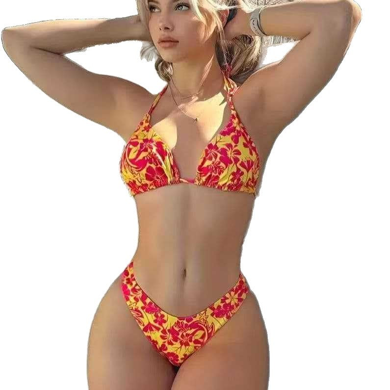 Yellow Red Tropical Floral Bikini Set | Triangle Halter Top High Cut Bottom Swimsuit | Women's Vibrant Hawaiian Swimwear