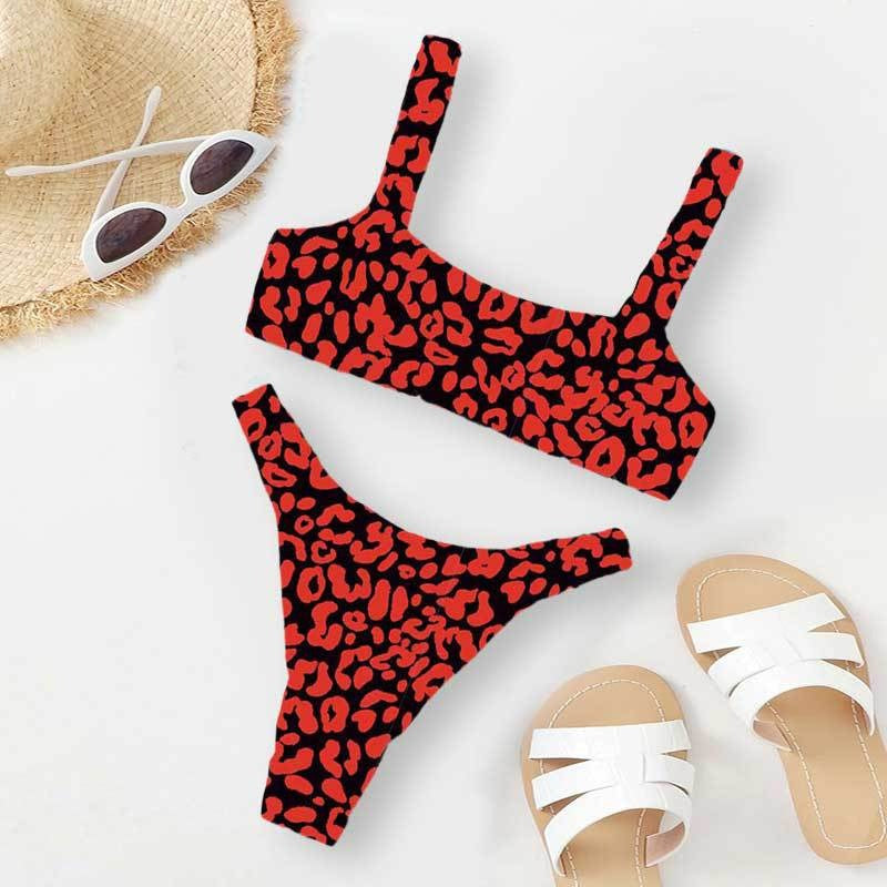 Colorful Leopard Print Bikini Set, Square Neck Crop Top & High Cut Bottom, Women Two Piece Swimwear, Multi Color Animal Print Swimsuit, Beach Vacation Bathing Suit