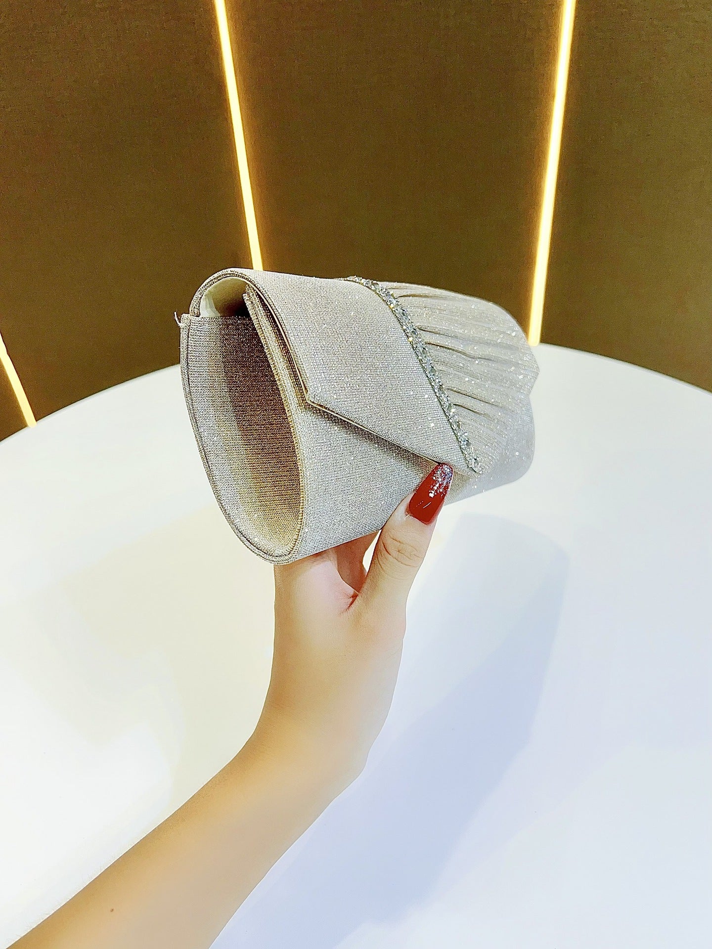 Silver Glitter Evening Clutch - Pleated Envelope Bag with Rhinestone Trim | Sparkly Formal Clutch for Weddings & Parties