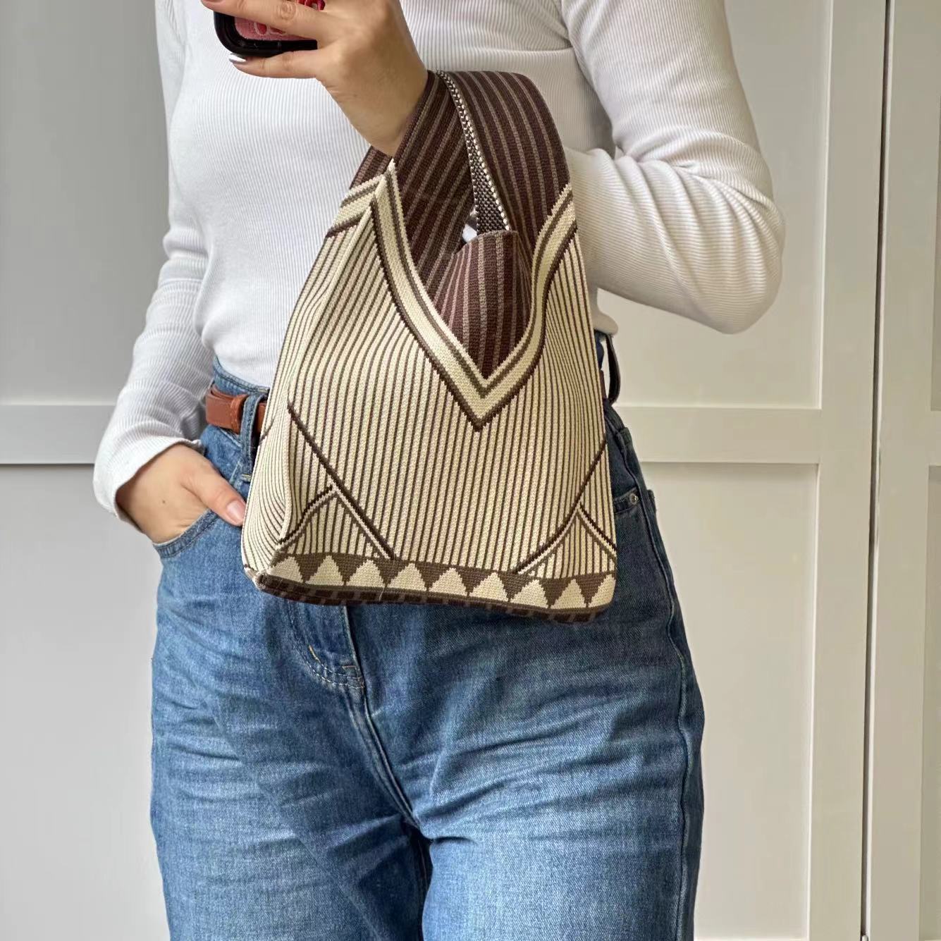Black & White Geometric Knit Tote Bag | Aztec Pattern Wrist Handle Handbag | Boho Crochet Style Women's Bag