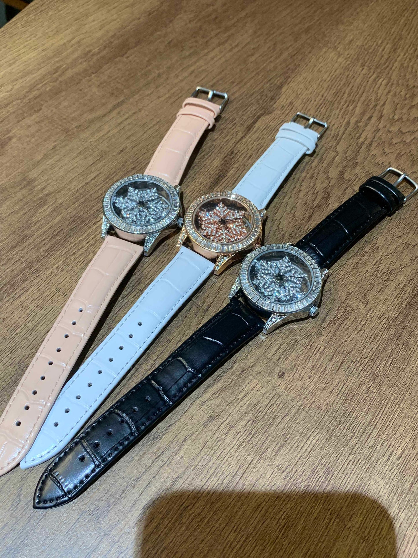 Women's Rose Gold Crystal Spinner Watch | Baguette Diamond Bezel | Rotating Flower Dial | White Crocodile Leather Strap | Ladies Luxury Bling Watch