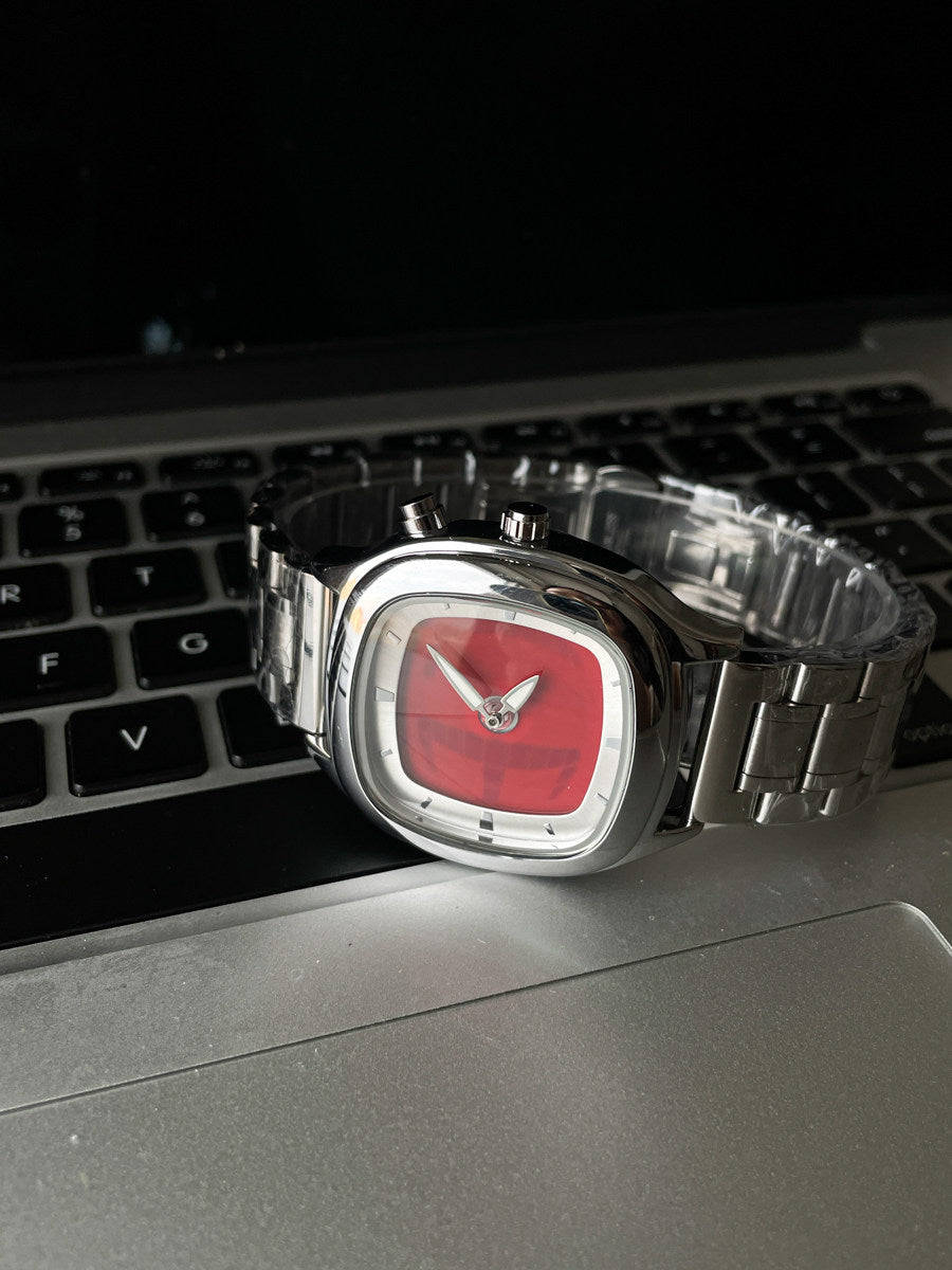 Men's Retro Cushion Square Watch | Red Grid Dial Domed Crystal Silver Stainless Steel Vintage Style Quartz Watch