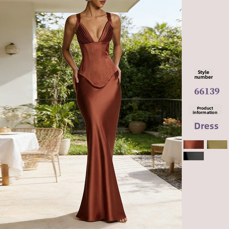 Rust Brown Satin Corset Maxi Dress | Deep V Neck Pleated Bust Mermaid Gown | Women's Elegant Formal Evening Dress | Wedding Guest & Gala Outfit