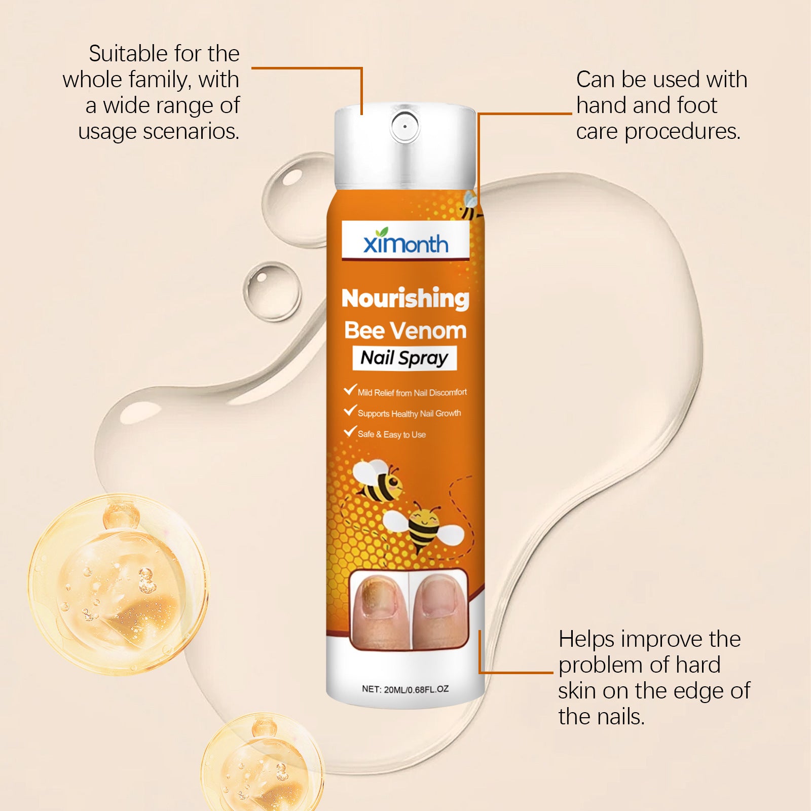 Ximonth Nourishing Bee Venom Nail Spray 20ml | Nail Discomfort Relief & Healthy Nail Growth Support | Safe Easy-Use Nail Care Treatment