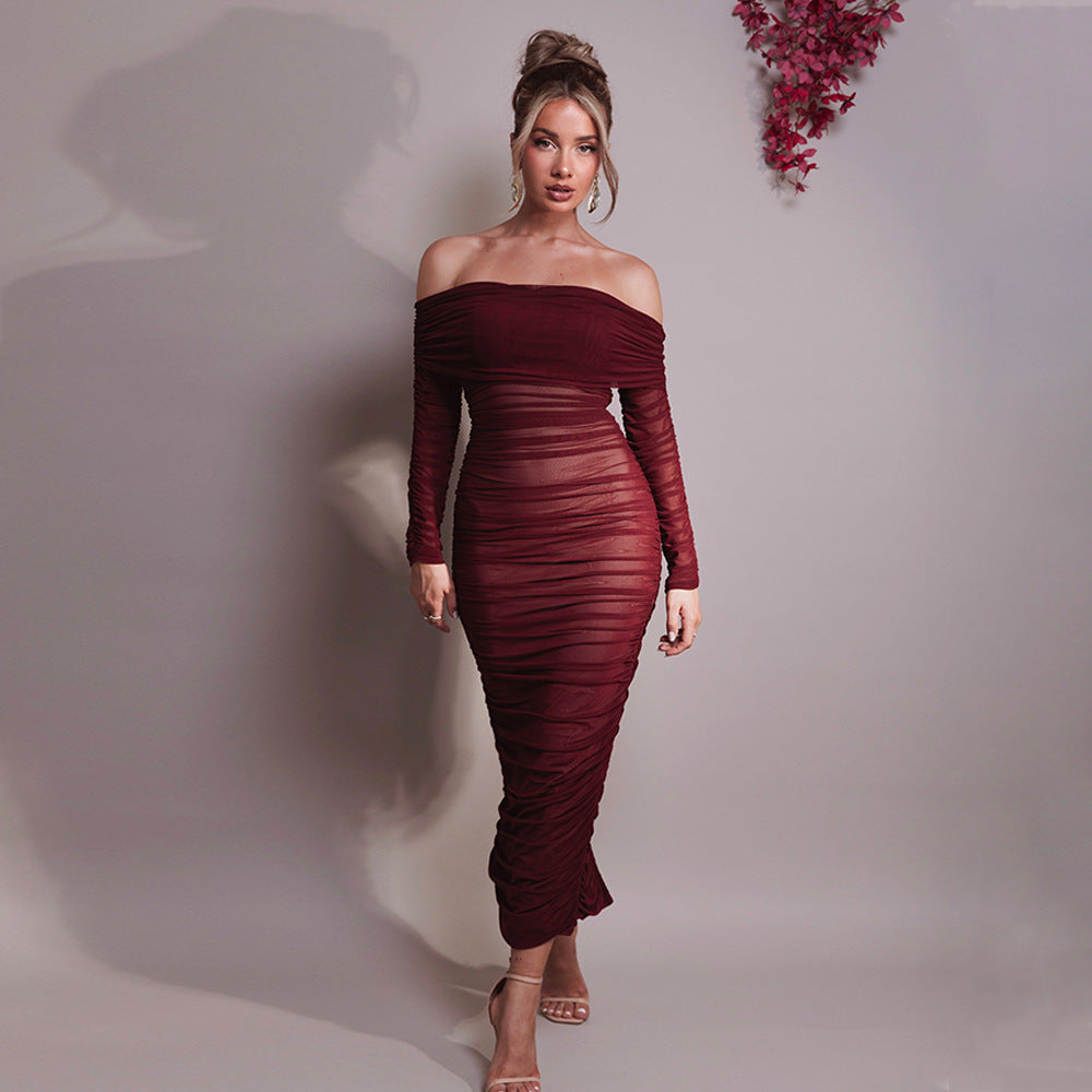 Women's Black Mesh Off Shoulder Ruched Midi Dress - Long Sleeve Sheer Bodycon Bardot Dress - Sexy Elegant Party Dress for Night Out, Club & Special Occasions