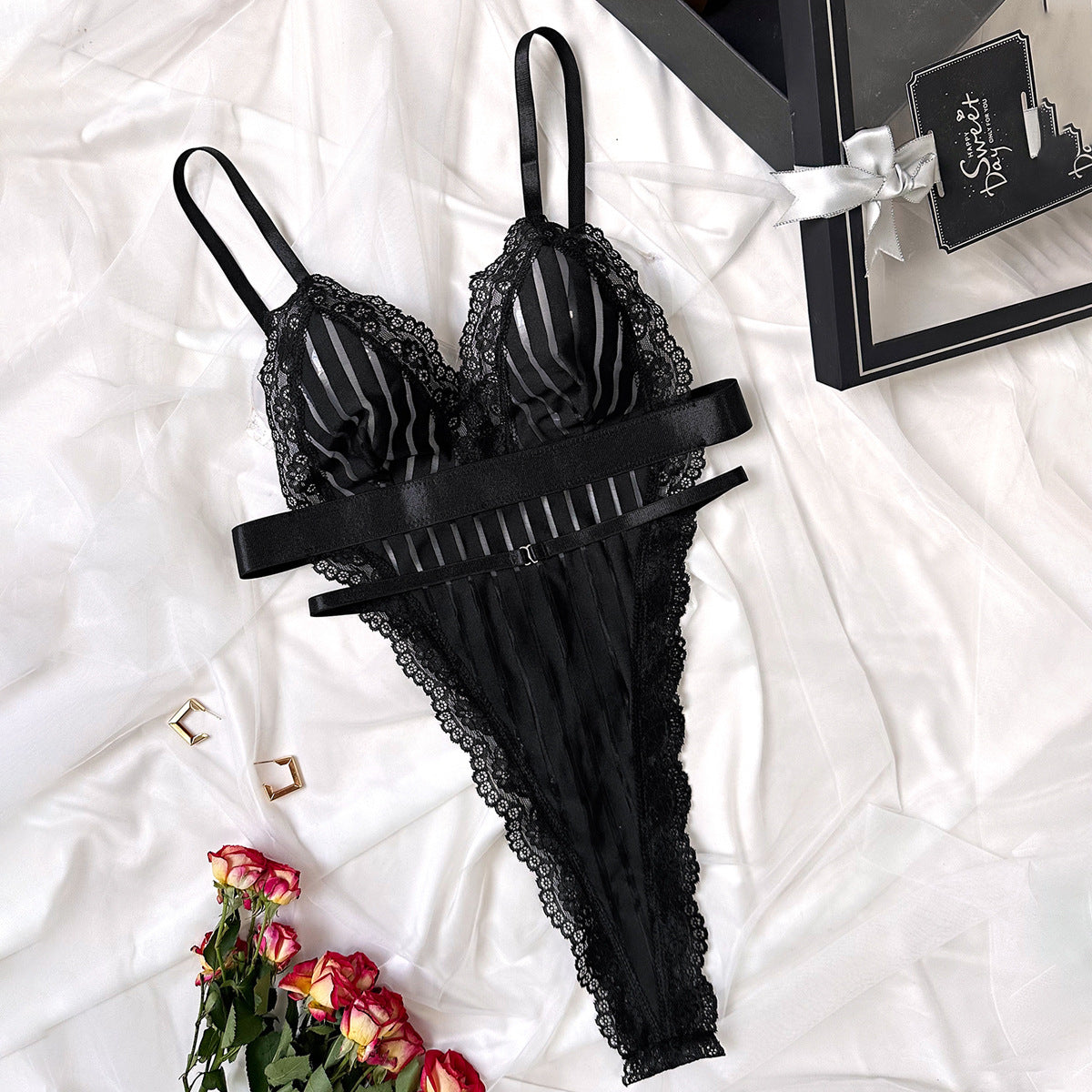 Black Striped Mesh Lace Trim Teddy Bodysuit | Deep V Waist Belt One Piece Sheer Lingerie