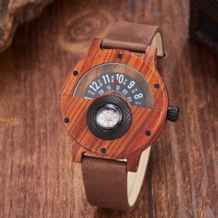 Mens Wooden Watch with Built In Compass Unique Turntable Dial Natural Wood Bracelet Quartz Wristwatch Handcrafted Gift for Men