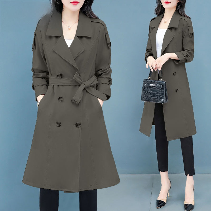 Women's Double-Breasted Trench Coat | Classic Khaki Mid-Length Windbreaker with Notch Lapel & Cuff Buttons | Elegant Slim Fit Autumn Overcoat