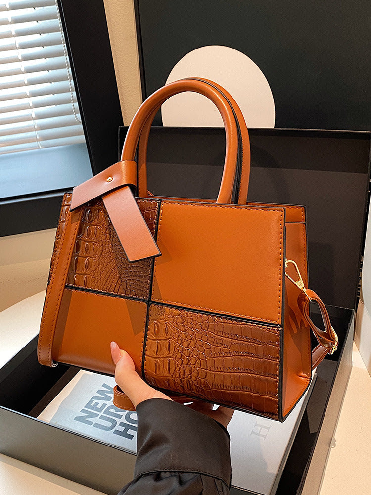 White Croc Embossed Color Block Tote Bag | Women's Luxury Style Top Handle Crossbody Handbag