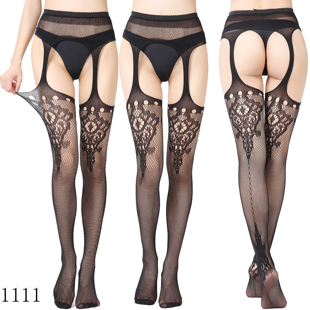 Black Fishnet Stockings with Garter Belt Set for Women | Lace Top Thigh High Stockings | Suspender Belt Set