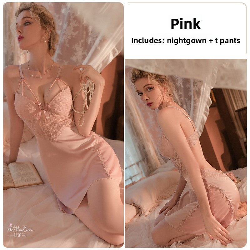 Women's Pink Satin Lace Bow Nightgown Sexy Strappy Crossover Bust Mini Slip Dress Romantic Chemise Sleepwear
