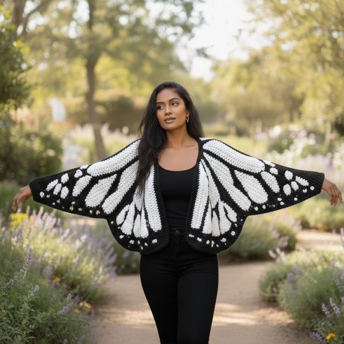 Butterfly Wing Knit Cardigan Women | Pink & Black Monarch Oversized Shawl Wrap Sweater | Boho Fairy Cottagecore Jacket