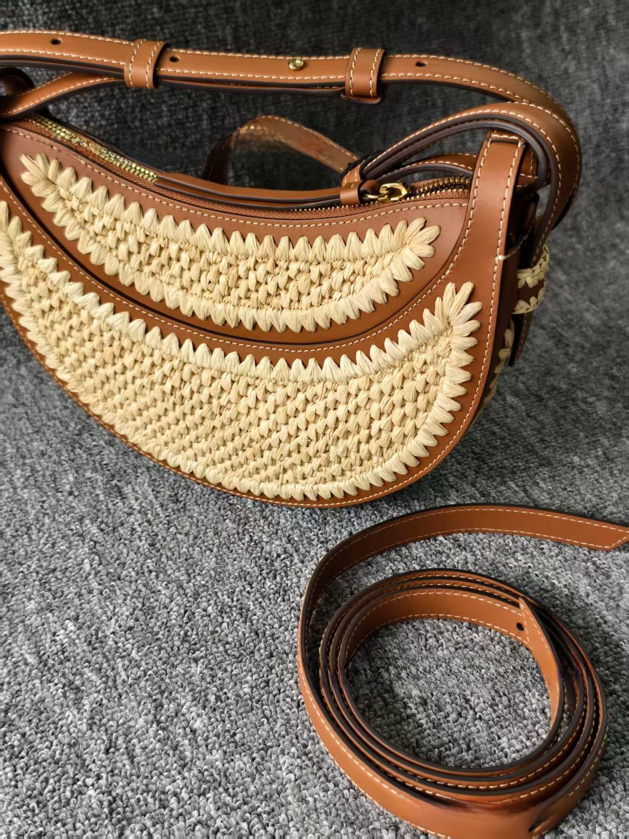 Pol�ne Style Natural Raffia Woven Tote Bag with Tan Leather Trim, Luxury Crochet Straw Market Basket Handbag Women, Boho Summer Beach Shopper, Elegant Vacation Gift