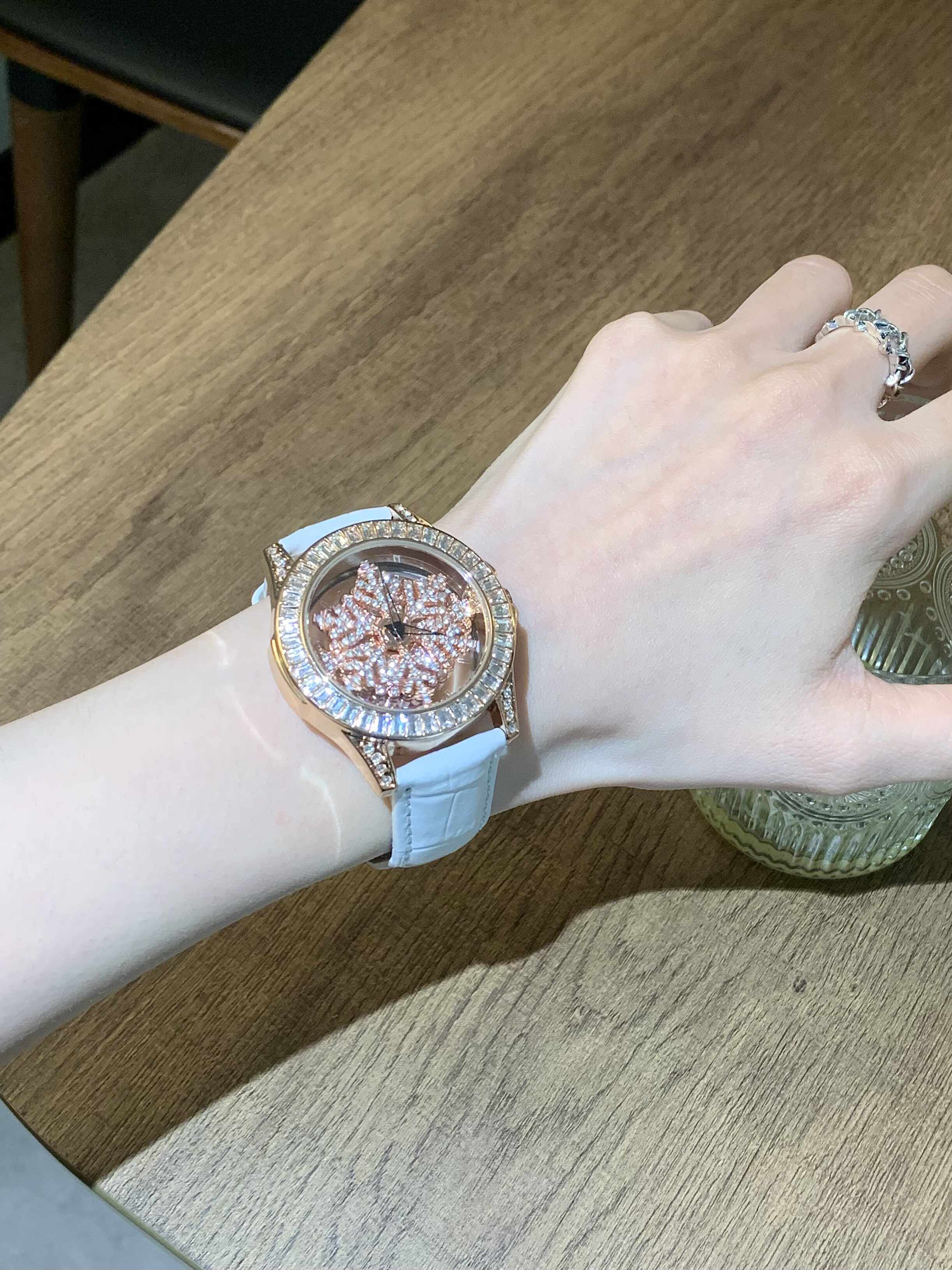Women's Rose Gold Crystal Spinner Watch | Baguette Diamond Bezel | Rotating Flower Dial | White Crocodile Leather Strap | Ladies Luxury Bling Watch