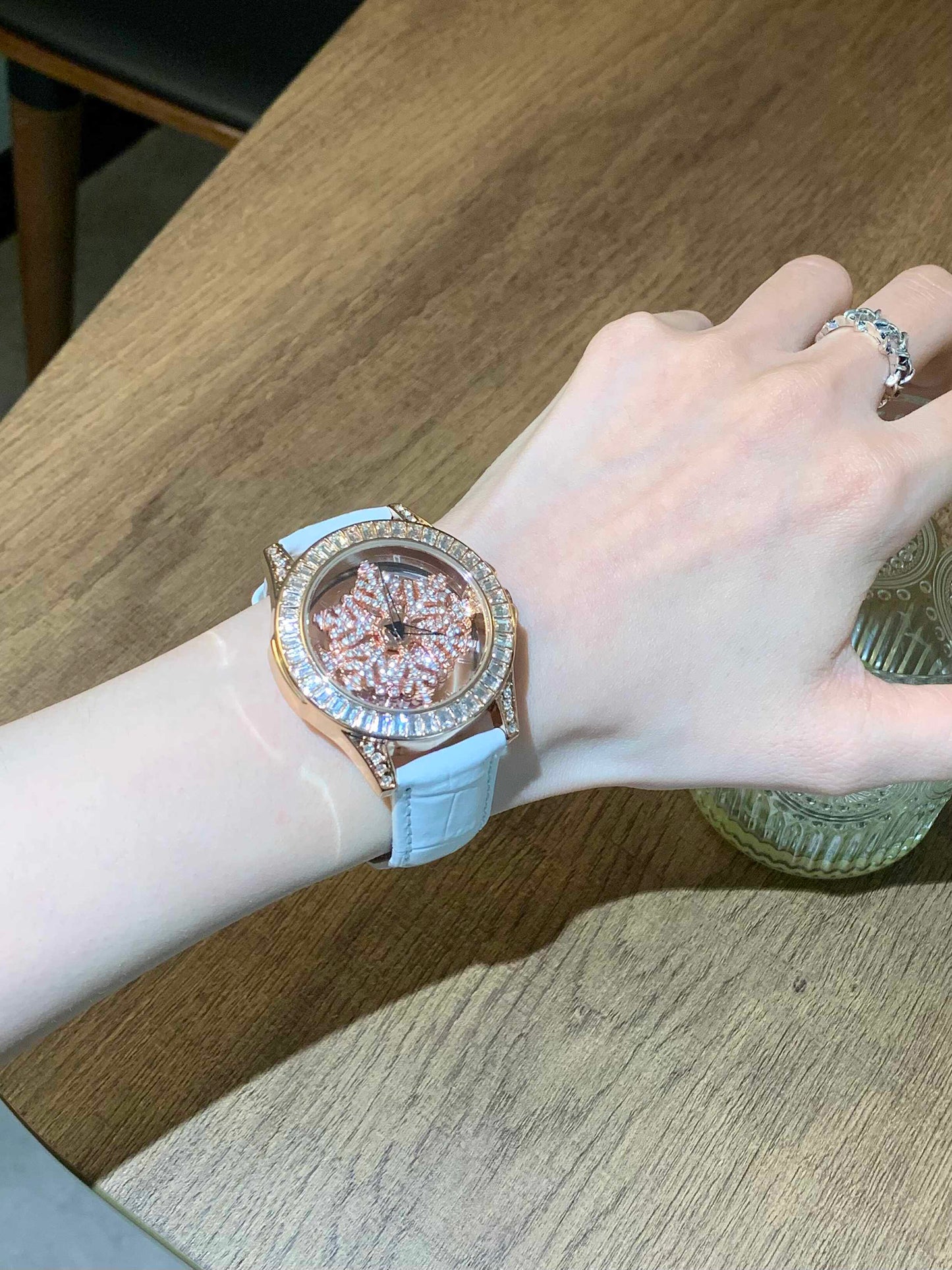 Women's Rose Gold Crystal Spinner Watch | Baguette Diamond Bezel | Rotating Flower Dial | White Crocodile Leather Strap | Ladies Luxury Bling Watch