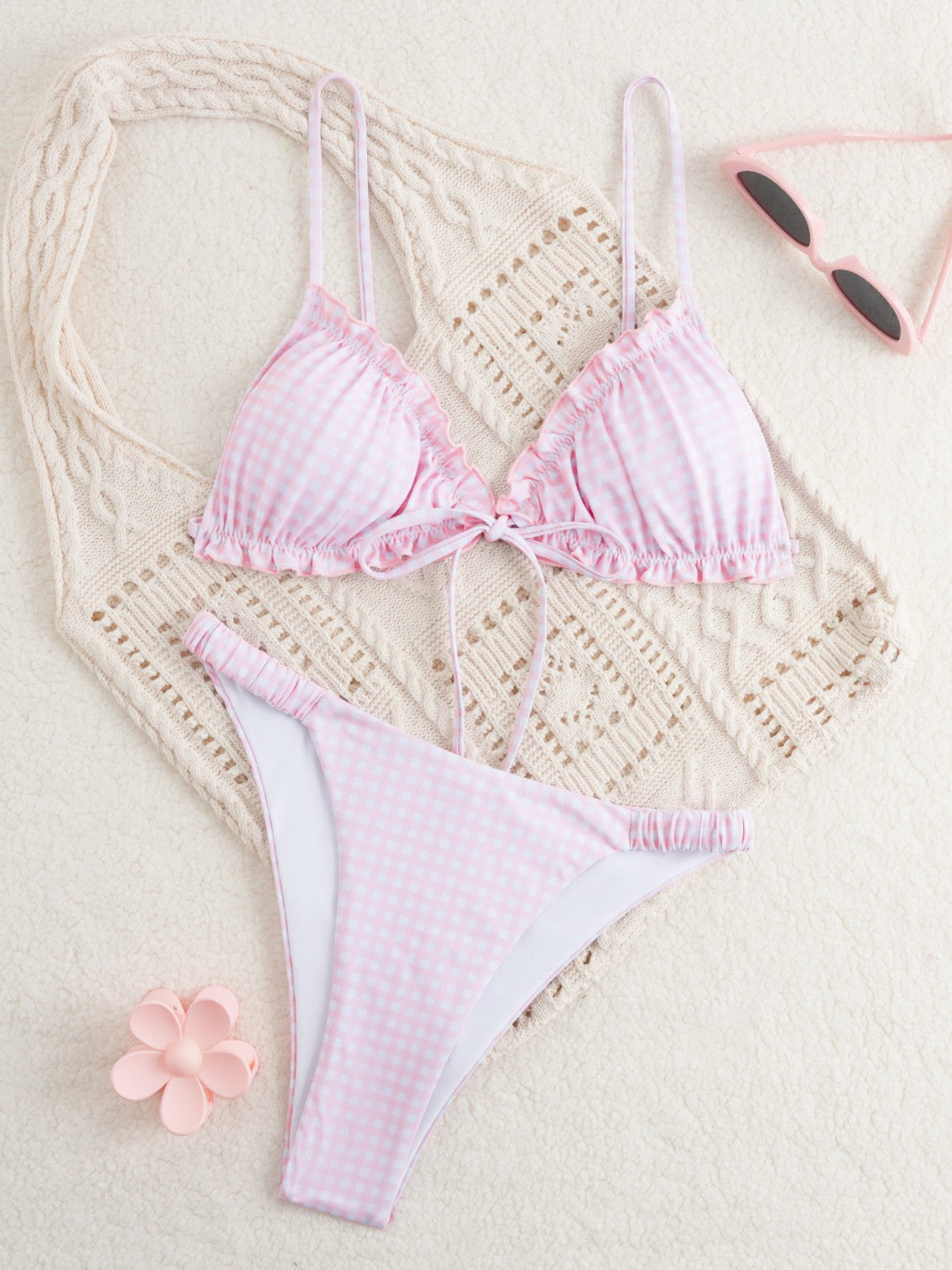 Pink Gingham Ruffle Bikini Set | Tie Front Triangle Top Cheeky Bottom Swimsuit | Women's Cute Summer Swimwear