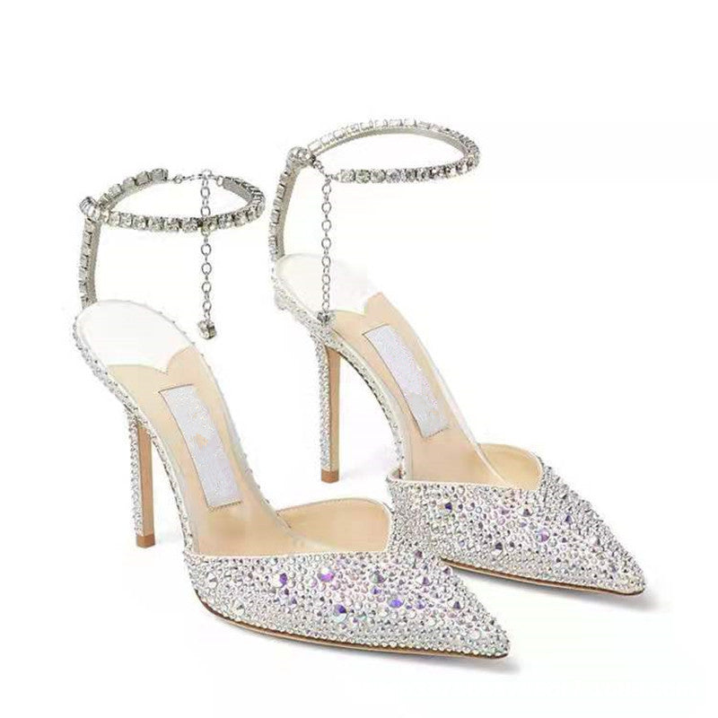Strassbesetzte Stiletto-Pumps | Diamantketten-Knöchelriemen-Pumps mit spitzer Zehenpartie | Luxuriöse Glitzer-Hochzeitspumps für Damen 